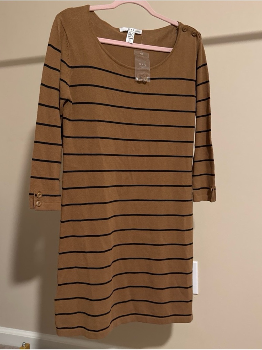 Mango Tan and Black Striped Long Sleeve Knit Dress